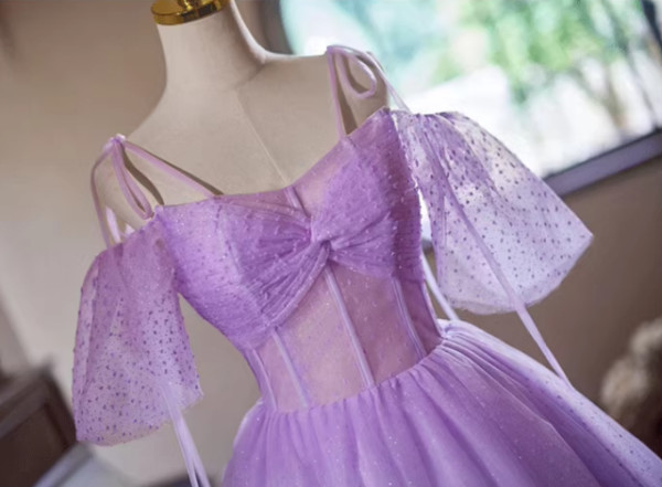 Purple Tulle Spaghetti Straps Short Sleeve Homecoming Dress
