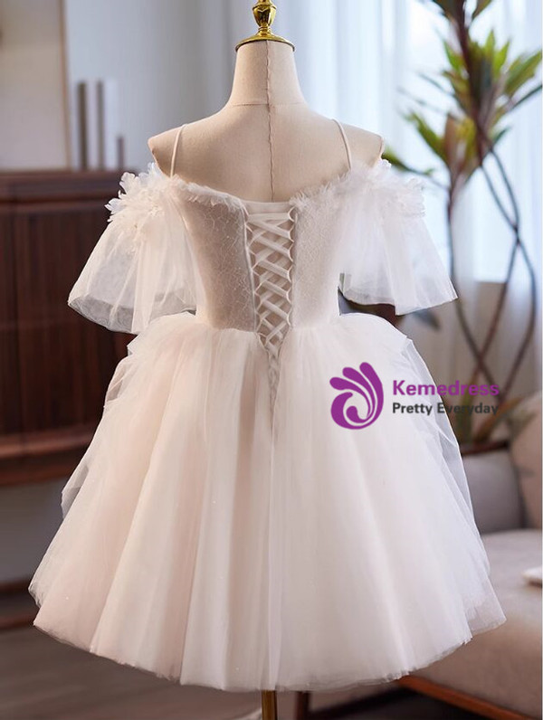 White Tulle Lace Spaghetti Straps Wedding Dress