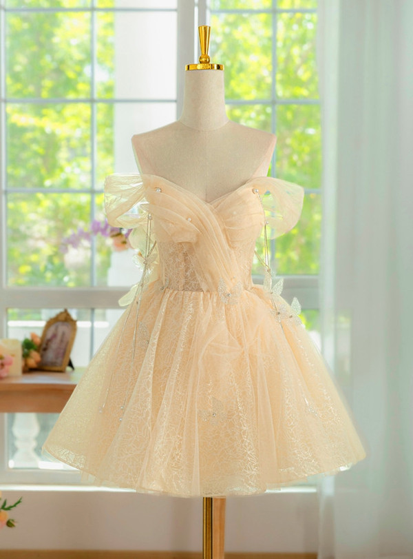 Champagne Tulle Sequins Pleats Homecoming Dress