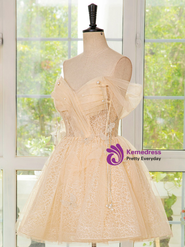 Champagne Tulle Sequins Pleats Homecoming Dress