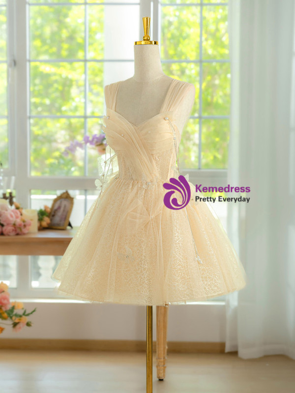 Champagne Tulle Sequins Pleats Homecoming Dress