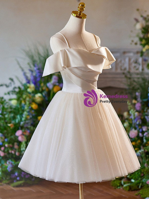 Chamapgne Tulle Straps Pleats Homecoming Dress