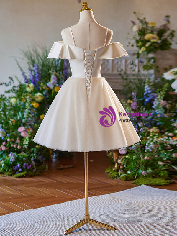 Chamapgne Tulle Straps Pleats Homecoming Dress