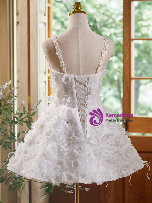 White Lace 3D Flower Spaghetti Straps Homecoming Dress