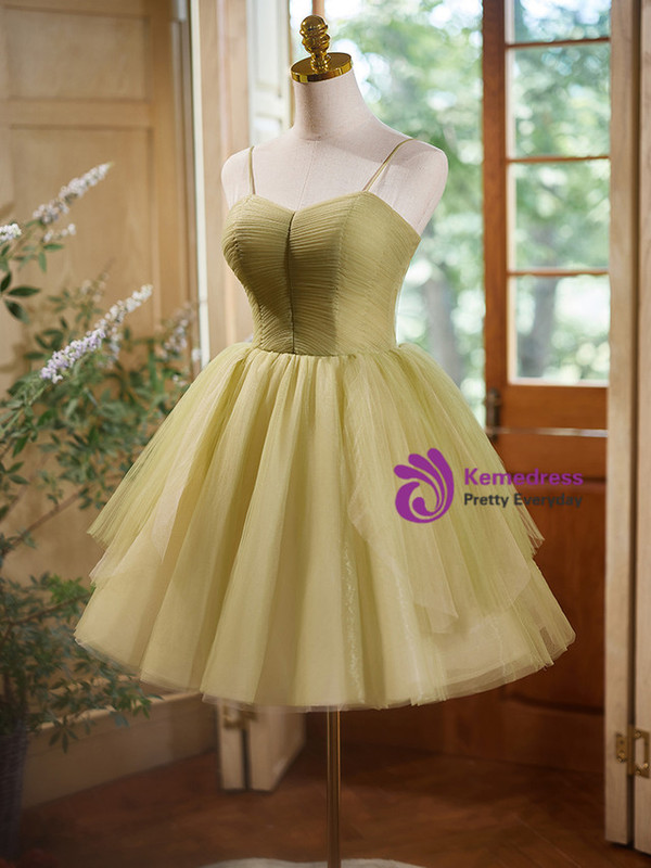Simple Green Tulle Spaghetti Straps Pleats Homecoming Dress