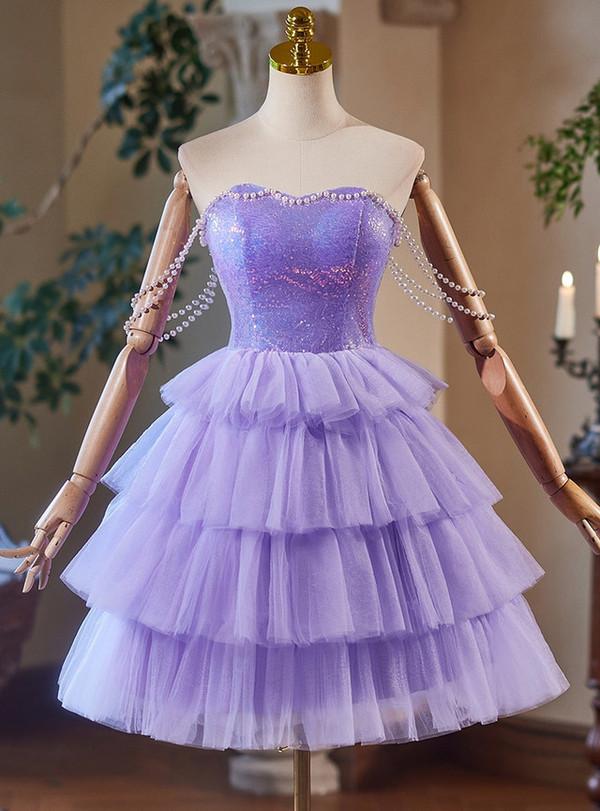 Purple Tulle Sequins Tiers Homecoming Dress