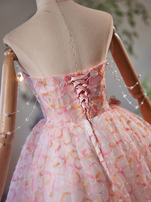 Pink Tulle Strapless Pearls Homecoming Dress