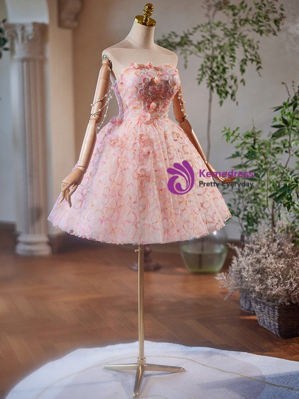 Pink Tulle Strapless Pearls Homecoming Dress