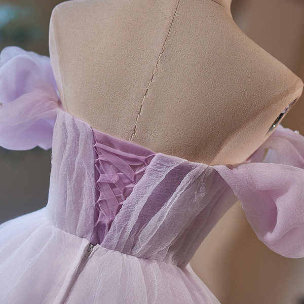 Purple Tulle Off the Shoulder Pleats Beading Homecoming Dress