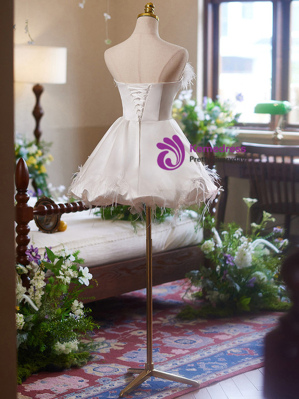 White Satin Strapless Feather Homecoming Dress