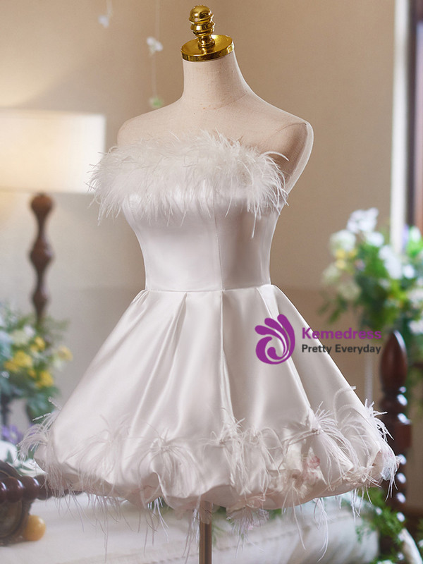 White Satin Strapless Feather Homecoming Dress