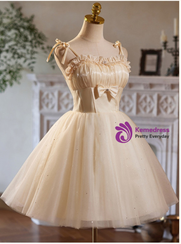 Champagne Tulle Sequins Straps Pleats Homecoming Dress