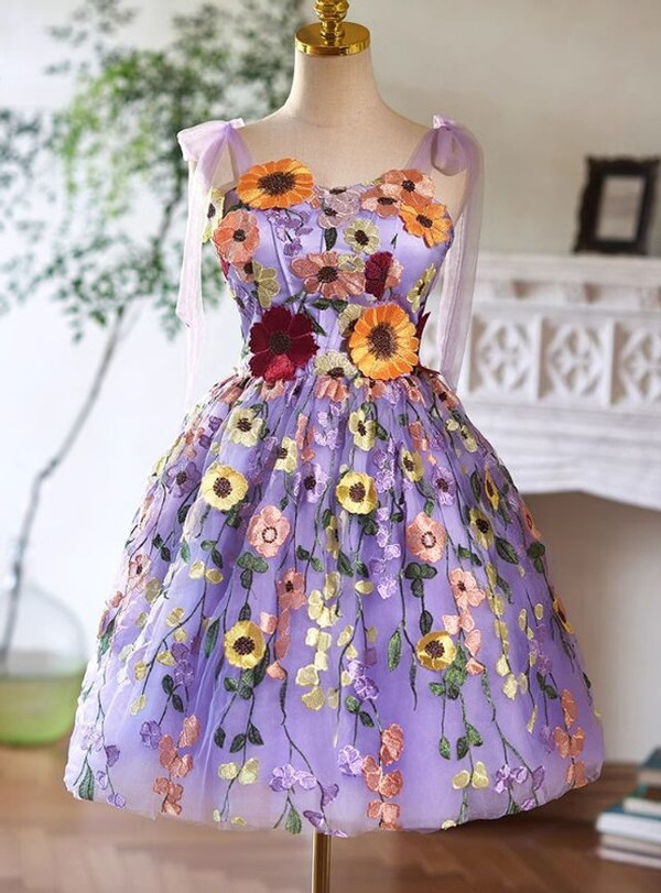 Purple Tulle Colorful Flower Homecoming Dress