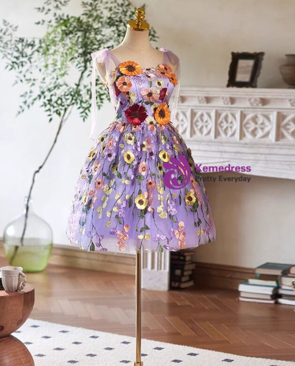 Purple Tulle Colorful Flower Homecoming Dress