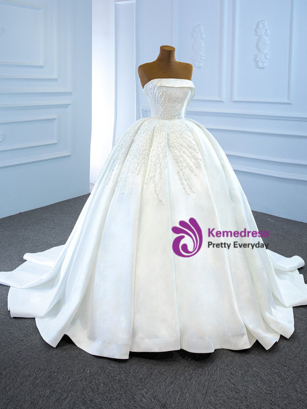 White Satin Strapless Pearls Pleats Wedding Dress
