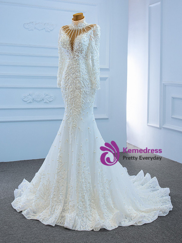 White Mermaid Tulle Backless Appliques Beading Wedding Dress