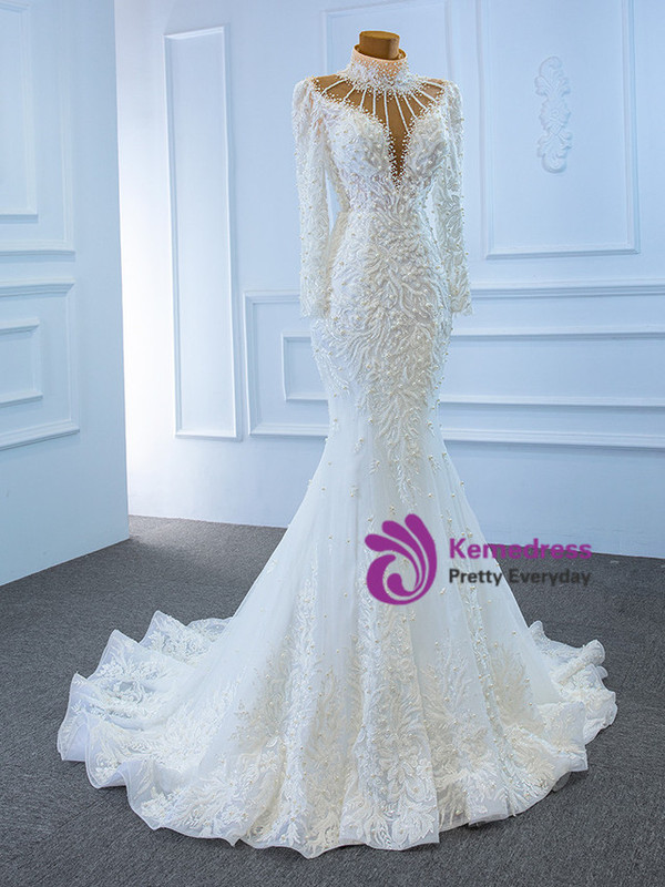 White Mermaid Tulle Backless Appliques Beading Wedding Dress