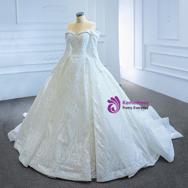 White Sequins Off the Shoulder Long Sleeve Wedding Dress