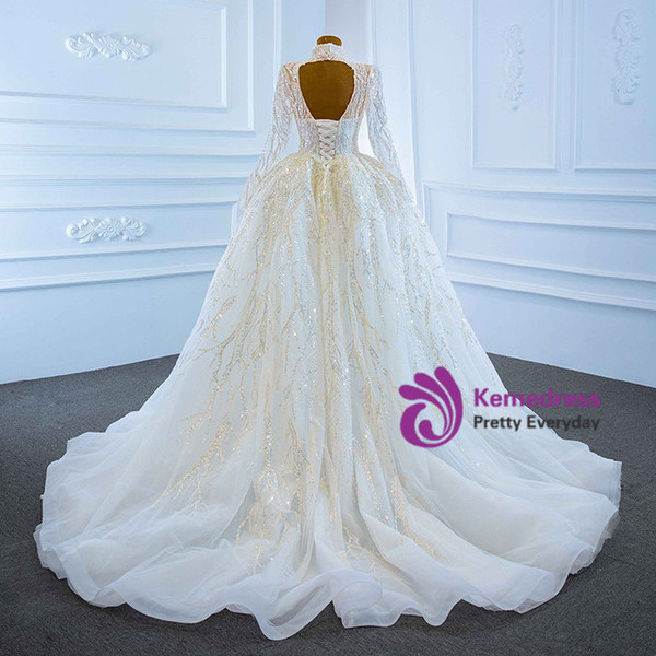 White Tulle Sequins Backless Long Sleeve Wedding Dress