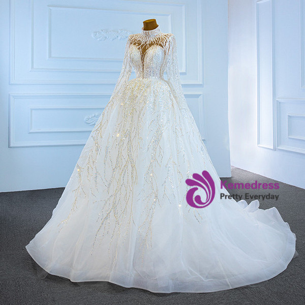White Tulle Sequins Backless Long Sleeve Wedding Dress