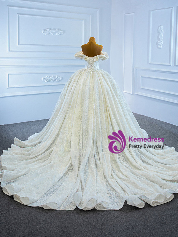 White Tulle Sequins Off the Shoulder Pearl Wedding Dress