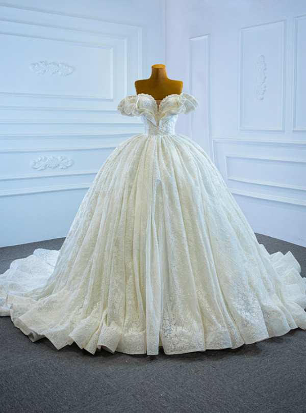 White Tulle Sequins Off the Shoulder Pearl Wedding Dress