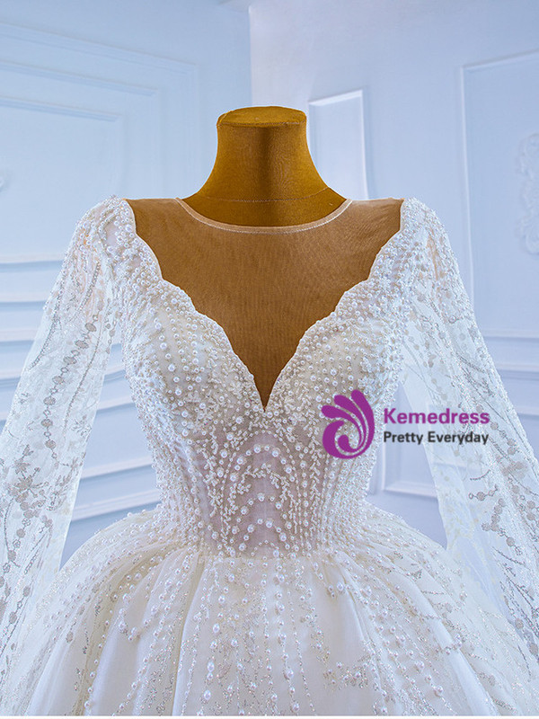 White Tulle Sequins Pearls Wedding Dress