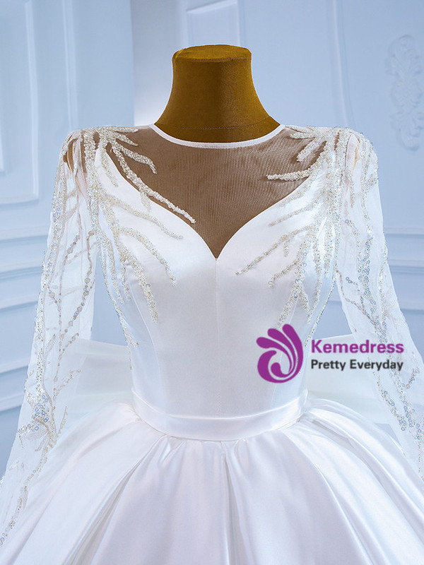 White Satin Long Sleeve Beading Wedding Dress With Bow
