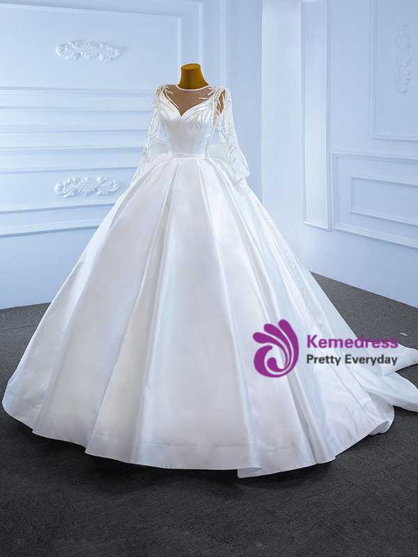White Satin Long Sleeve Beading Wedding Dress With Bow
