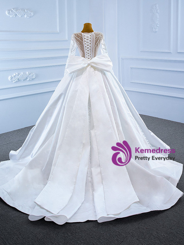 White Satin Long Sleeve Beading Wedding Dress With Bow