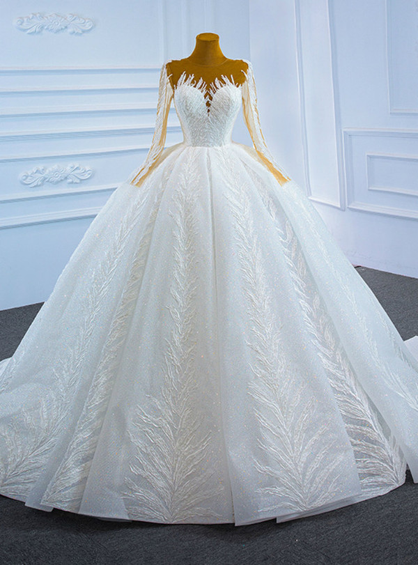 White Tulle Sequins Lace Long Sleeve Wedding Dress