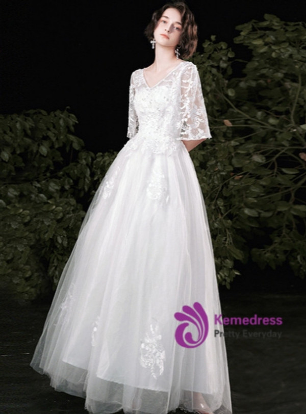 White Tulle Lace Short Sleeve Wedding Dress