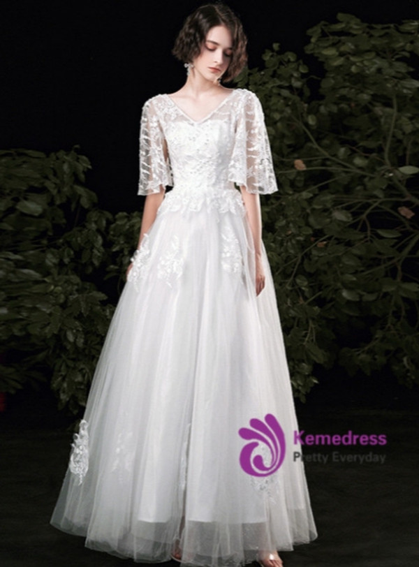 White Tulle Lace Short Sleeve Wedding Dress