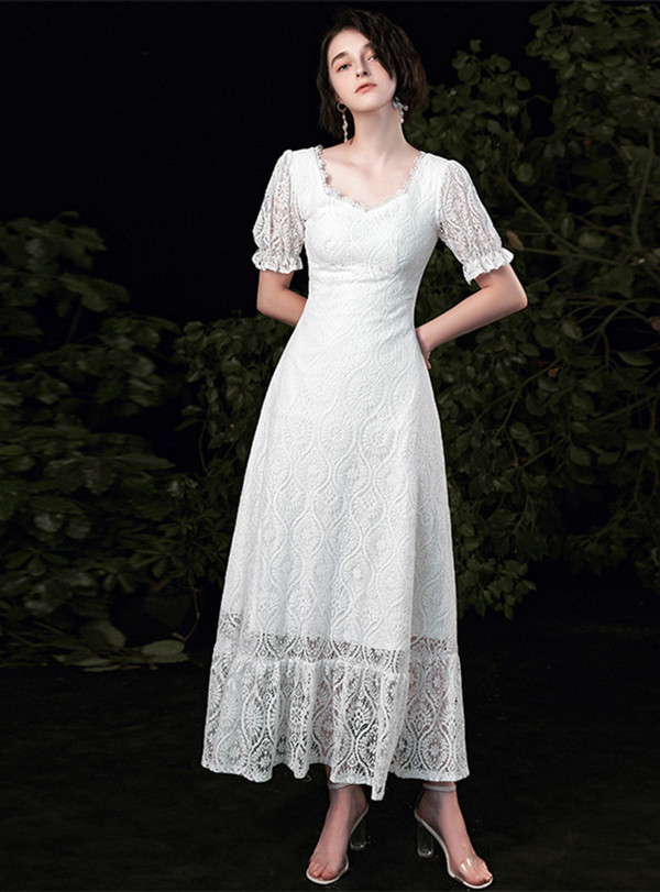 White Lace Short Sleeve Wedding Dress