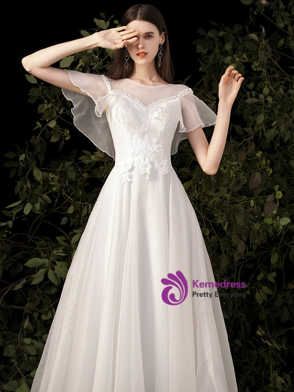 Simple White Tulle Appliques Wedding Dress