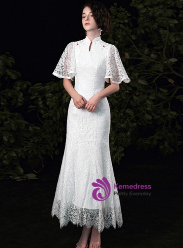 White Mermaid Lace Short Sleeve Wedding Dress