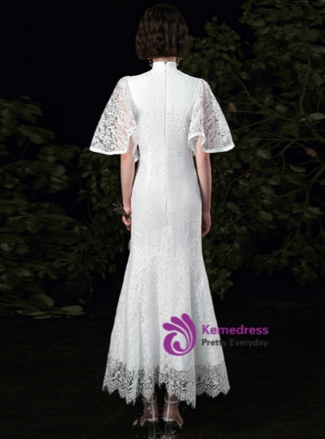 White Mermaid Lace Short Sleeve Wedding Dress