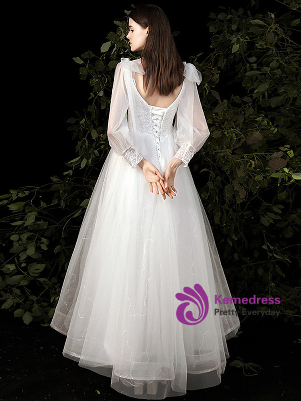 White Tulle Long Sleeve High Neck Wedding Dress