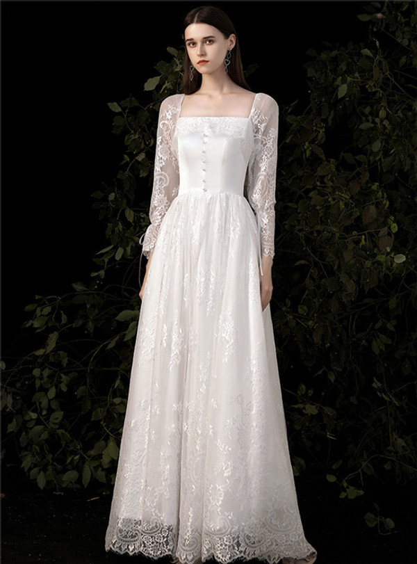 White Lace Long Sleeve Wedding Dress
