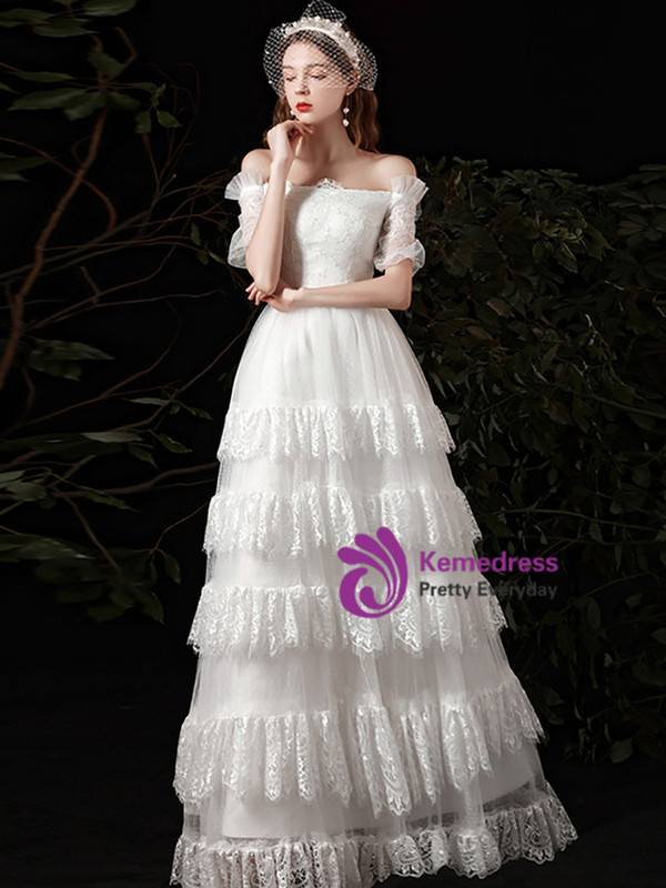 White Tulle Lace Off the Shoulder Short Sleeve Wedding Dress