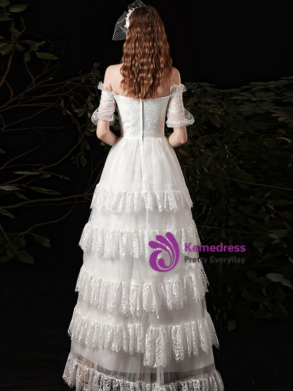 White Tulle Lace Off the Shoulder Short Sleeve Wedding Dress