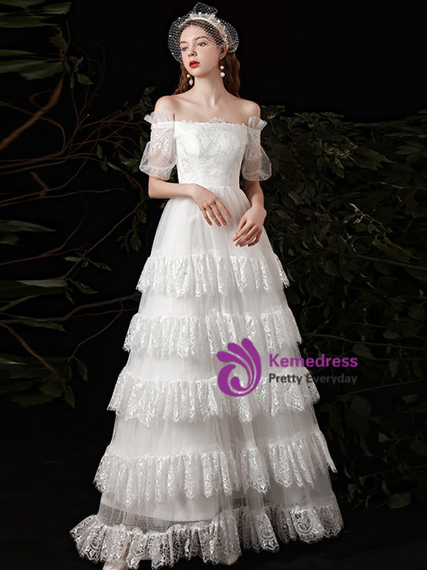 White Tulle Lace Off the Shoulder Short Sleeve Wedding Dress