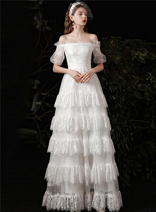 White Tulle Lace Off the Shoulder Short Sleeve Wedding Dress