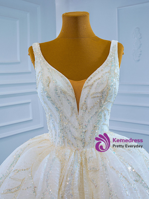 White Ball Gown Tulle Sequins Beading V-neck Wedding Dress