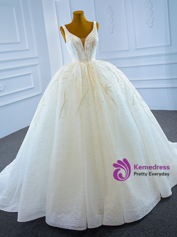 White Ball Gown Tulle Sequins Beading V-neck Wedding Dress