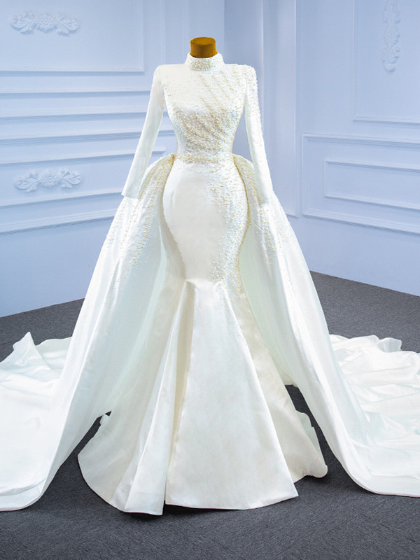 White Mermaid Satin High Neck Wedding Dress With Detachable Train