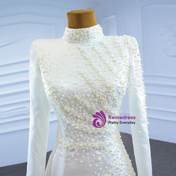 White Mermaid Satin High Neck Wedding Dress With Detachable Train