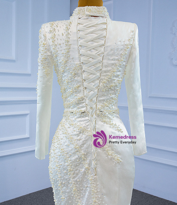 White Mermaid Satin High Neck Wedding Dress With Detachable Train