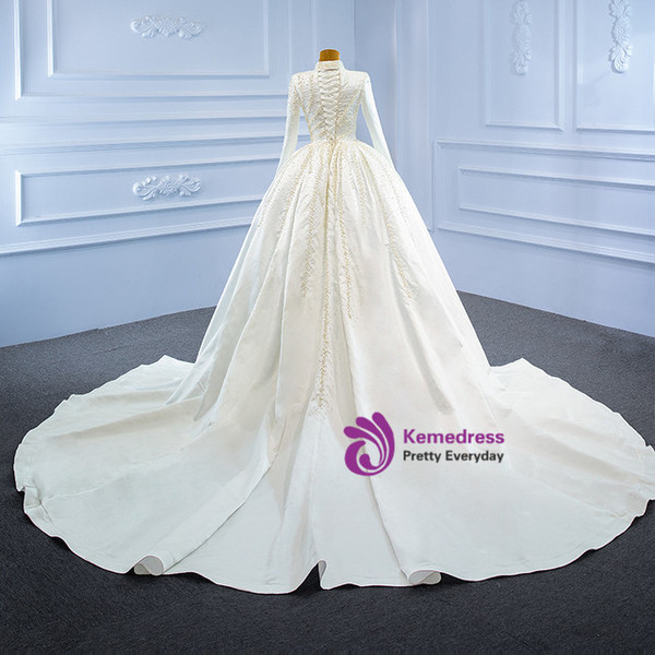 White Mermaid Satin High Neck Wedding Dress With Detachable Train