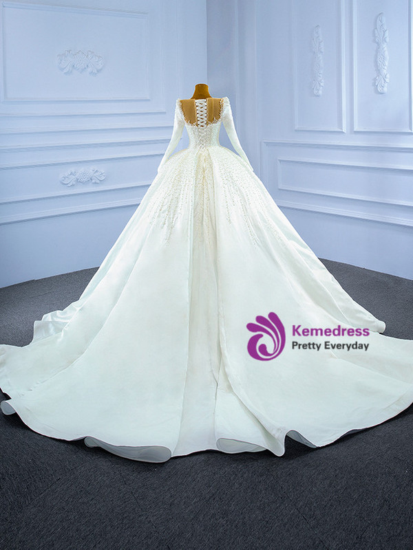 Ball Gown White Satin Long Sleeve Pearls Wedding Dress